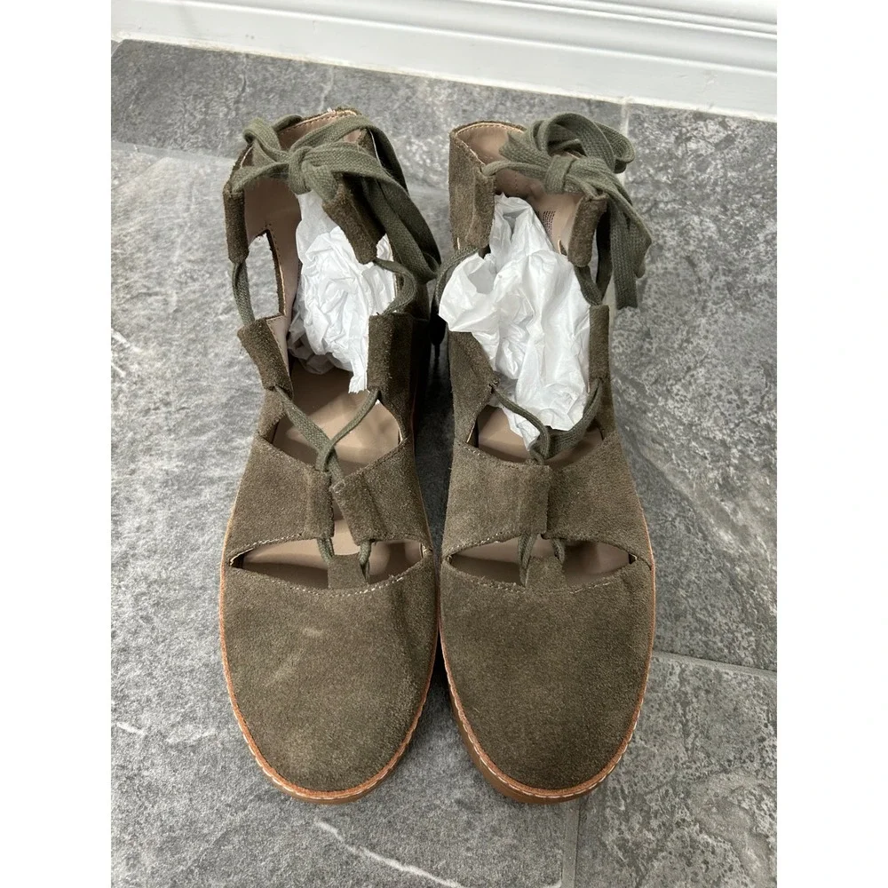 Anthropologie M4D3 Platform Gladiator Ankle Shoe Size 9 Olive Brown Suede Fall